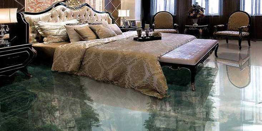 This image shows a bedroom with a 3d metallic epoxy floor.